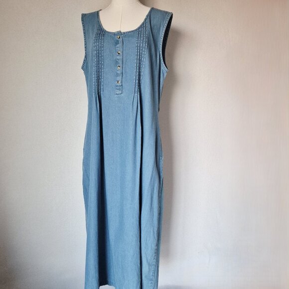 The Vermont Country Store Blue Denim Pintuck Jumper Maxi Dress Sleeveless - Picture 4 of 11